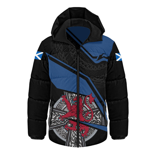 Scotland Hooded Padded Jacket Red Lion Celtic Grid Armor Blue Black Warrior Path Edition