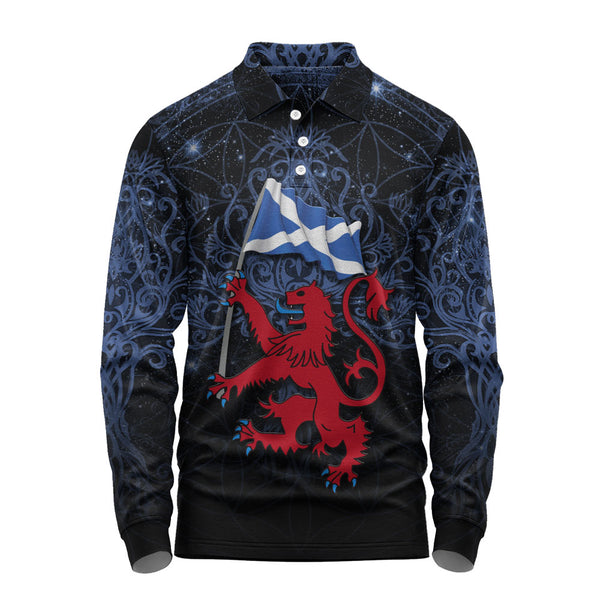 Scotland Long Sleeve Polo Shirt Starborn Lion Saltire Banner Celestial Blue Highland Pride Gear