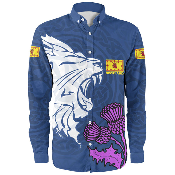 Scotland Long Sleeve Shirt Roaring Lion Thistle Pride Blue Bold National Identity Spiritwear