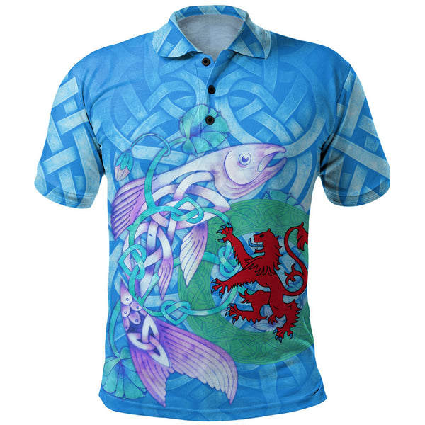 Scotland Polo Shirt Celtic Salmon Red Lion Spiritwater Heritage Mythical Highland Art