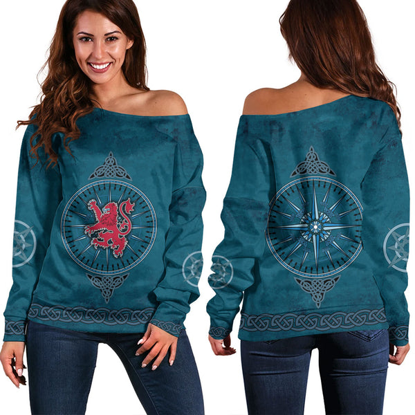 Scotland Off Shoulder Sweatshirt Celtic Compass Red Lion Direction Noble Highland Legacy Armor