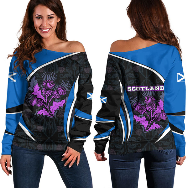 Scotland Off Shoulder Sweatshirt Purple Thistle Modern Saltire Lines Highland Heritage Floral Power