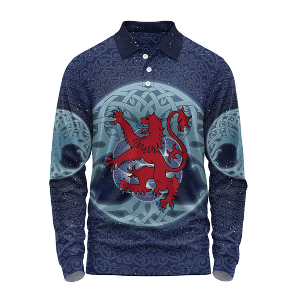 Scotland Long Sleeve Polo Shirt Celestial Rampant Lion Mystic Knot Circle Legacy