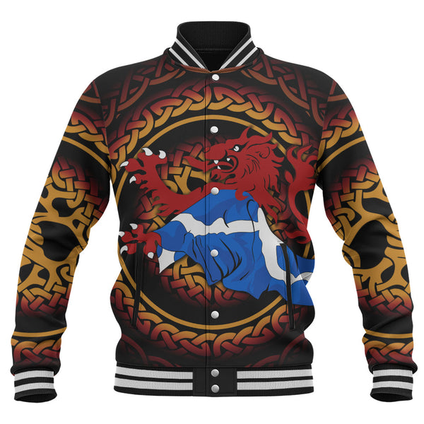 Scotland Baseball Jacket Burning Lion Celtic Flame Saltire Embrace Warrior Spirit Armor