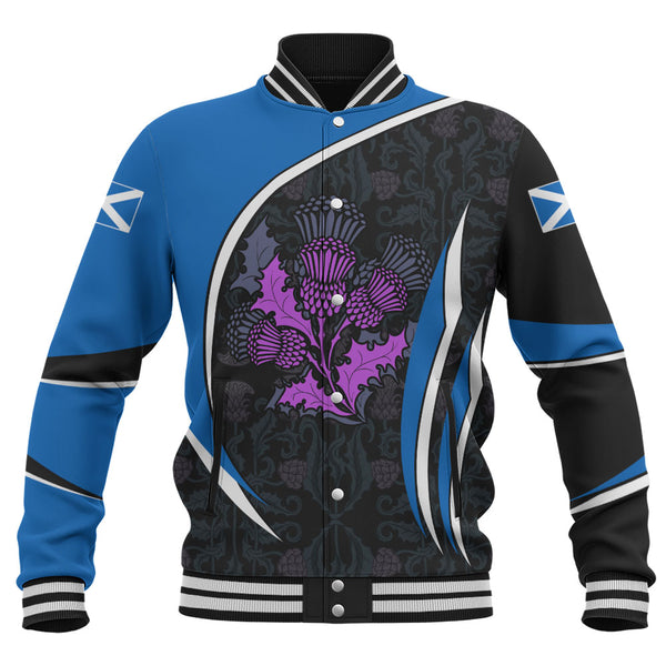 Scotland Baseball Jacket Purple Thistle Modern Saltire Lines Highland Heritage Floral Power