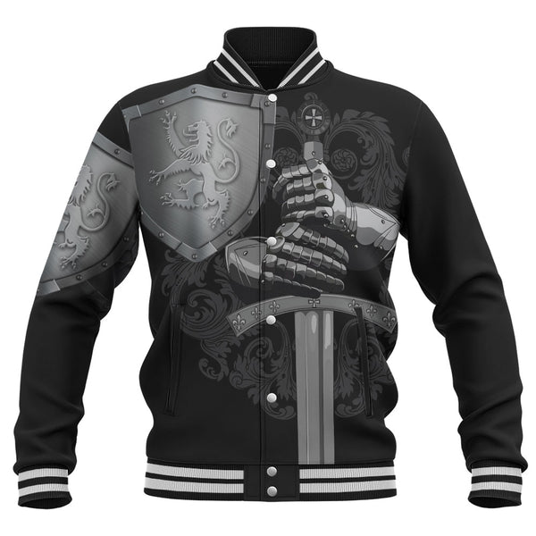 Scotland Baseball Jacket Medieval Warrior with Steel Gauntlet Holding Sword and Shield Lion