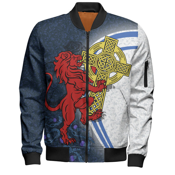 Scotland Bomber Jacket Lion Guarding Celtic Cross Saltire Heritage Warrior Symbolic Design