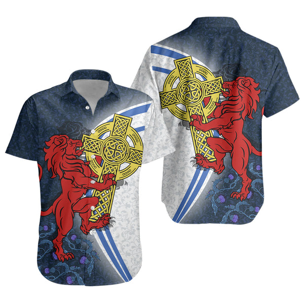 Scotland Short Sleeve Shirt Lion Guarding Celtic Cross Saltire Heritage Warrior Symbolic Design