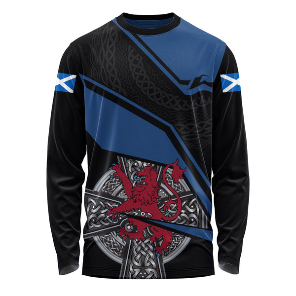 Scotland Long Sleeve T-Shirt Red Lion Celtic Grid Armor Blue Black Warrior Path Edition
