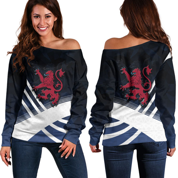 Scotland Off Shoulder Sweatshirt Red Lion Dynamic Stripes Saltire Emblem Bold Highland Energy Look