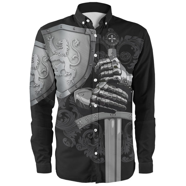 Scotland Long Sleeve Shirt Medieval Warrior with Steel Gauntlet Holding Sword and Shield Lion