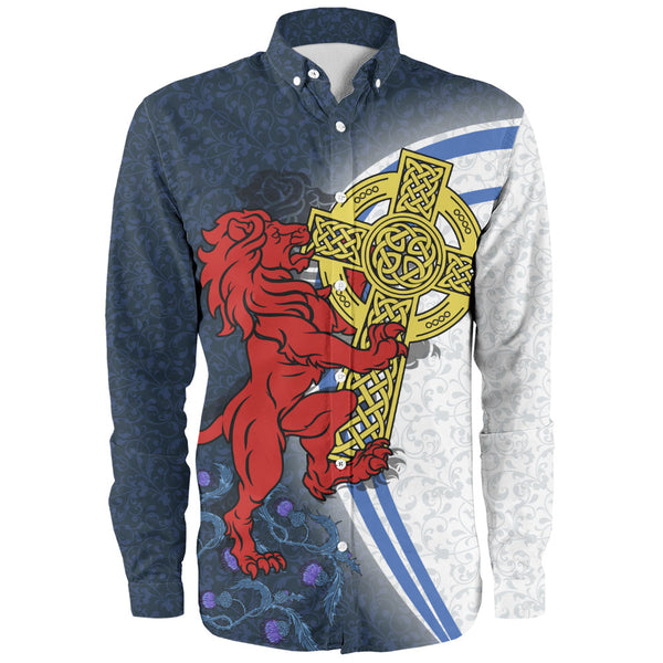 Scotland Long Sleeve Shirt Lion Guarding Celtic Cross Saltire Heritage Warrior Symbolic Design
