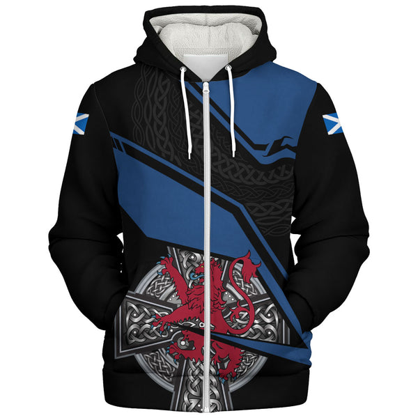Scotland Sherpa Hoodie Red Lion Celtic Grid Armor Blue Black Warrior Path Edition