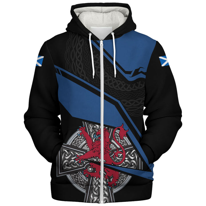 Scotland Sherpa Hoodie Red Lion Celtic Grid Armor Blue Black Warrior Path Edition