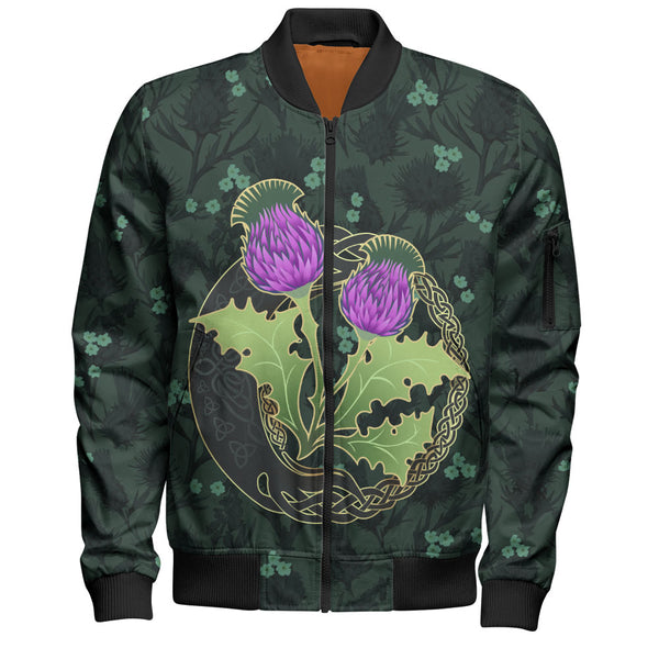 Scotland Bomber Jacket Thistle Bloom Celtic Emblem Nature Heritage Green Pattern Art