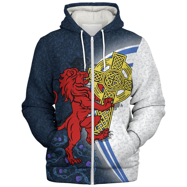 Scotland Sherpa Hoodie Lion Guarding Celtic Cross Saltire Heritage Warrior Symbolic Design