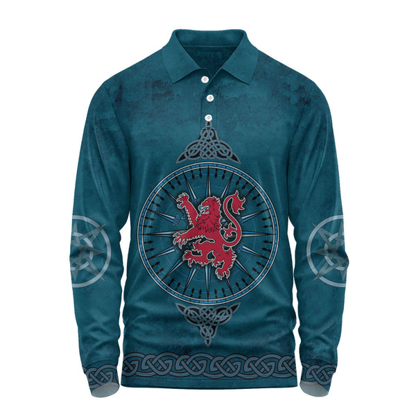 Scotland Long Sleeve Polo Shirt Celtic Compass Red Lion Direction Noble Highland Legacy Armor