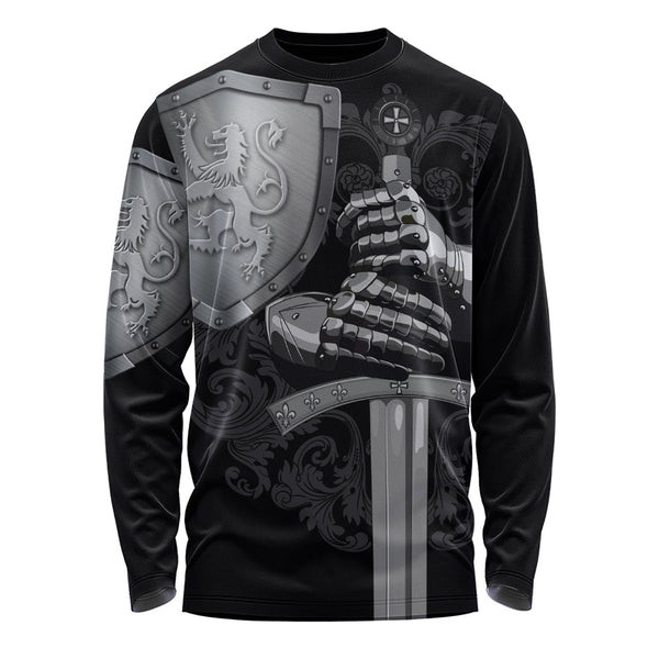 Scotland Long Sleeve T-Shirt Medieval Warrior with Steel Gauntlet Holding Sword and Shield Lion