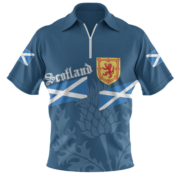 Scotland Zip Polo Shirt Saltire Thistle Crest Blue Heritage Emblem National Pride Wear