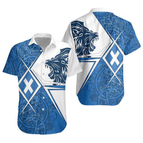 Scotland Short Sleeve Shirt Geometric Lion Roar Saltire Grid Digital Pattern Highland Fusion Style