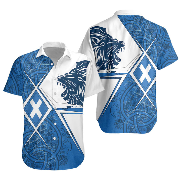 Scotland Short Sleeve Shirt Geometric Lion Roar Saltire Grid Digital Pattern Highland Fusion Style