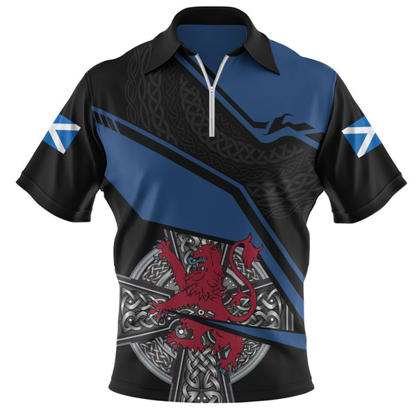 Scotland Zip Polo Shirt Red Lion Celtic Grid Armor Blue Black Warrior Path Edition