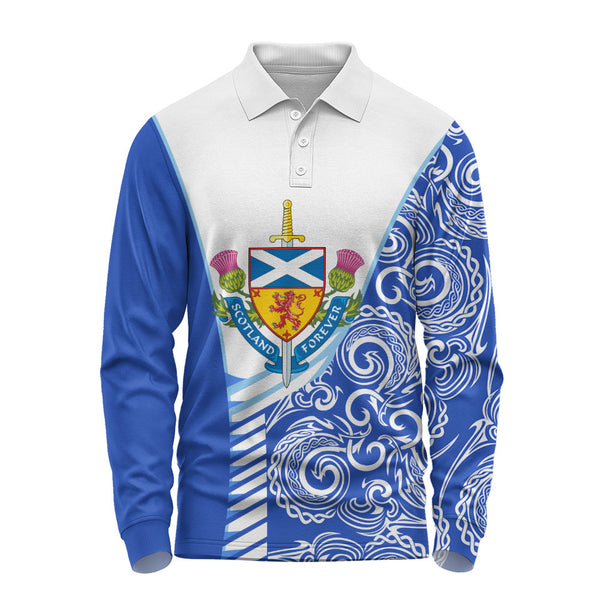 Scotland Long Sleeve Polo Shirt Ocean Crest Saltire Shield Sword Thistle Legacy Forever Edition