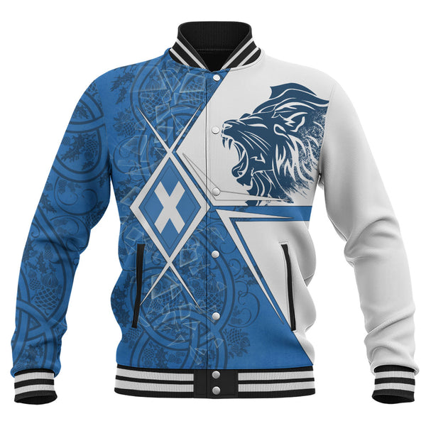 Scotland Baseball Jacket Geometric Lion Roar Saltire Grid Digital Pattern Highland Fusion Style