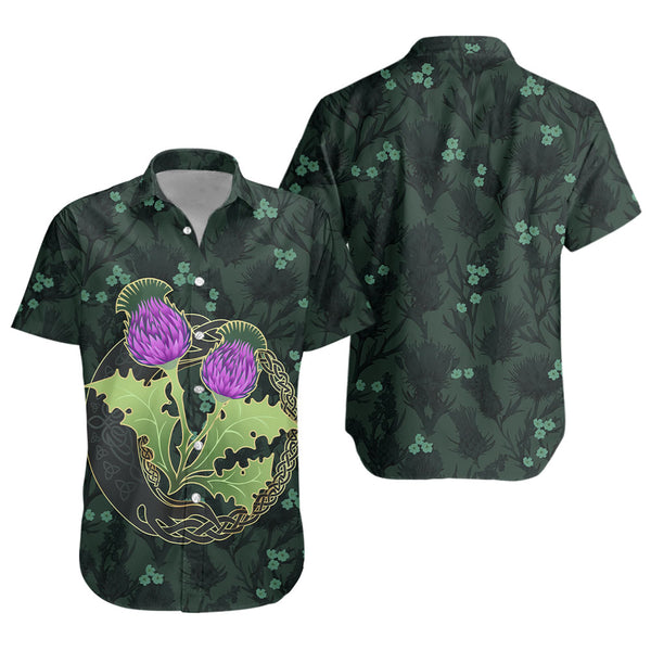 Scotland Short Sleeve Shirt Thistle Bloom Celtic Emblem Nature Heritage Green Pattern Art