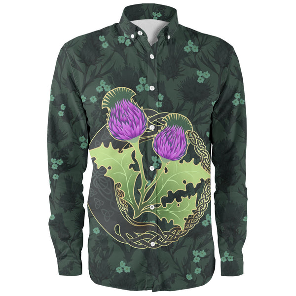 Scotland Long Sleeve Shirt Thistle Bloom Celtic Emblem Nature Heritage Green Pattern Art