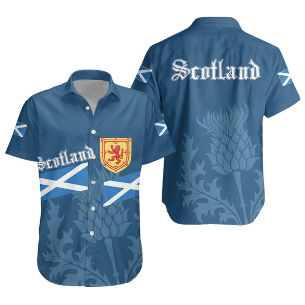 Scotland Short Sleeve Shirt Saltire Thistle Crest Blue Heritage Emblem National Pride Wear