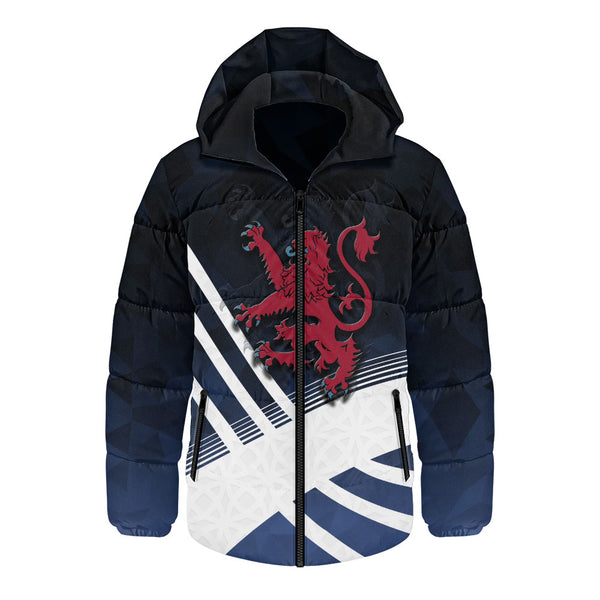 Scotland Hooded Padded Jacket Red Lion Dynamic Stripes Saltire Emblem Bold Highland Energy Look