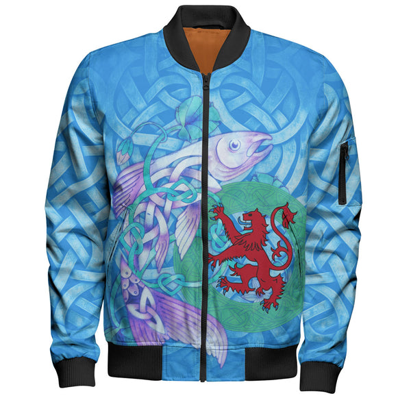 Scotland Bomber Jacket Celtic Salmon Red Lion Spiritwater Heritage Mythical Highland Art