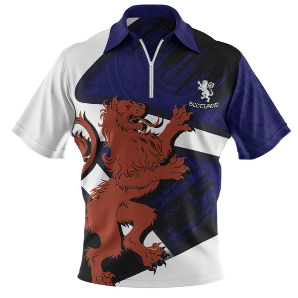 Scotland Zip Polo Shirt Roar of the Highland Lion Across the Saltire Sky