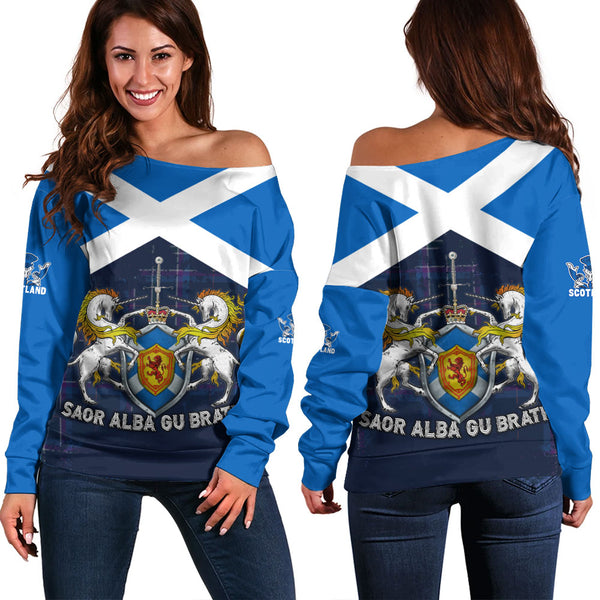 Scotland Off Shoulder Sweatshirt Saor Alba Unicorn Crest Edition