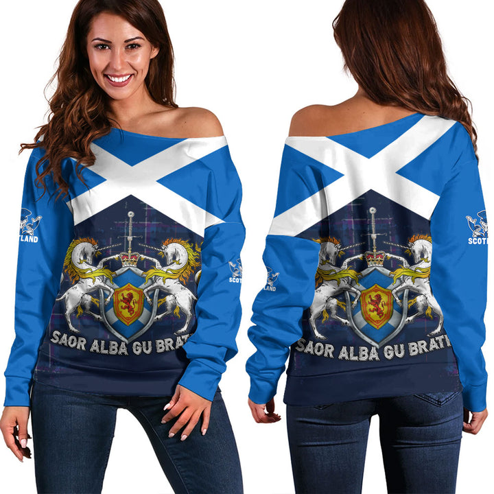 Scotland Off Shoulder Sweatshirt Saor Alba Unicorn Crest Edition