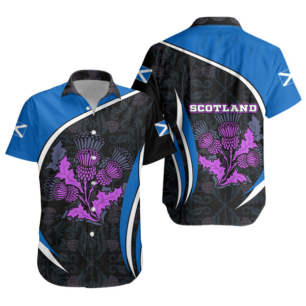 Scotland Short Sleeve Shirt Purple Thistle Modern Saltire Lines Highland Heritage Floral Power
