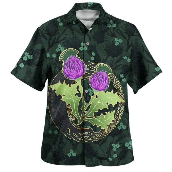 Scotland Hawaiian Shirt Thistle Bloom Celtic Emblem Nature Heritage Green Pattern Art