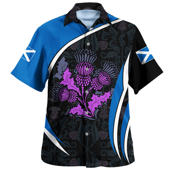 Scotland Hawaiian Shirt Purple Thistle Modern Saltire Lines Highland Heritage Floral Power