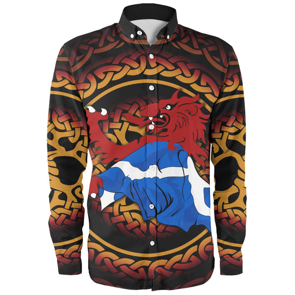 Scotland Long Sleeve Shirt Burning Lion Celtic Flame Saltire Embrace Warrior Spirit Armor