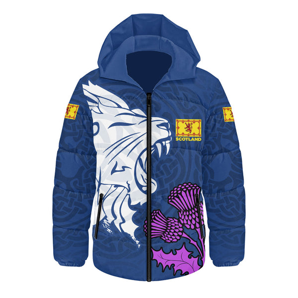 Scotland Hooded Padded Jacket Roaring Lion Thistle Pride Blue Bold National Identity Spiritwear