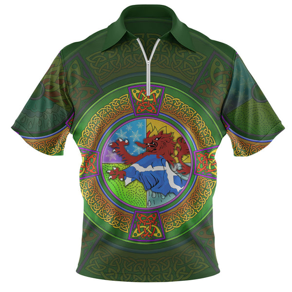 Scotland Zip Polo Shirt Celtic Seasons Red Lion Saltire Tartan Heritage Pattern