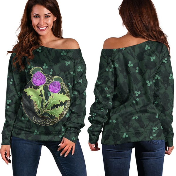 Scotland Off Shoulder Sweatshirt Thistle Bloom Celtic Emblem Nature Heritage Green Pattern Art