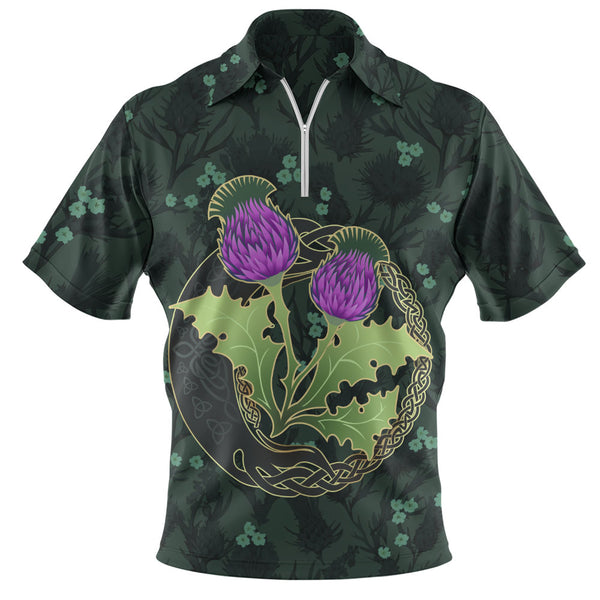 Scotland Zip Polo Shirt Thistle Bloom Celtic Emblem Nature Heritage Green Pattern Art