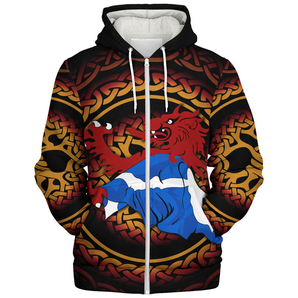 Scotland Sherpa Hoodie Burning Lion Celtic Flame Saltire Embrace Warrior Spirit Armor