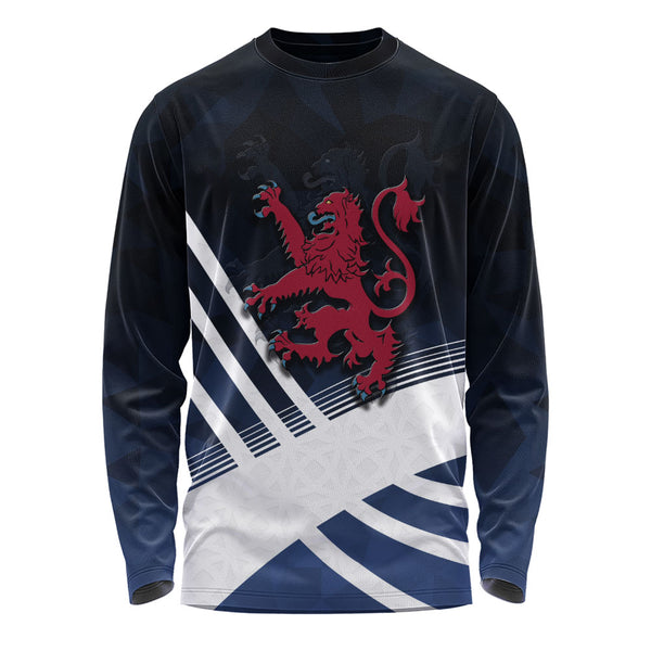 Scotland Long Sleeve T-Shirt Red Lion Dynamic Stripes Saltire Emblem Bold Highland Energy Look
