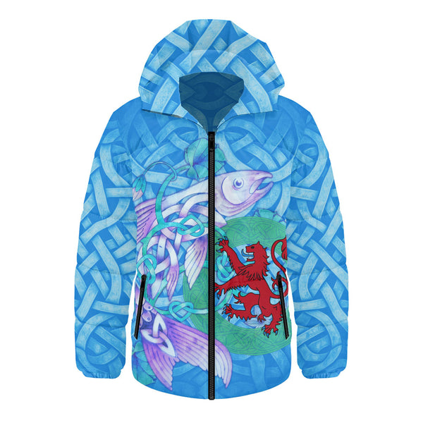 Scotland Hooded Padded Jacket Celtic Salmon Red Lion Spiritwater Heritage Mythical Highland Art