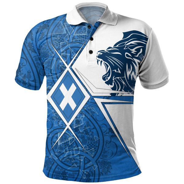 Scotland Polo Shirt Geometric Lion Roar Saltire Grid Digital Pattern Highland Fusion Style