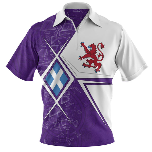 Scotland Zip Polo Shirt Purple Shard Lion Saltire Fusion Urban Highland Graphic Style