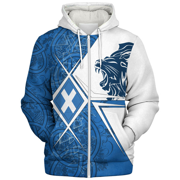 Scotland Sherpa Hoodie Geometric Lion Roar Saltire Grid Digital Pattern Highland Fusion Style